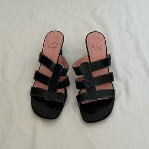 Joan & David Black Strappy Leather Slide Wedge Sandals